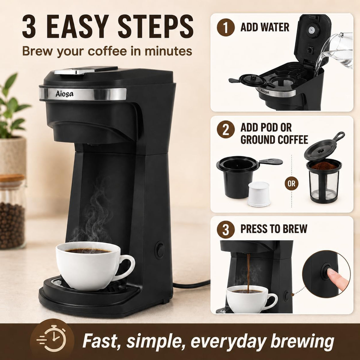 Single Serve Coffee Maker, KCup Pods & Ground Coffee
