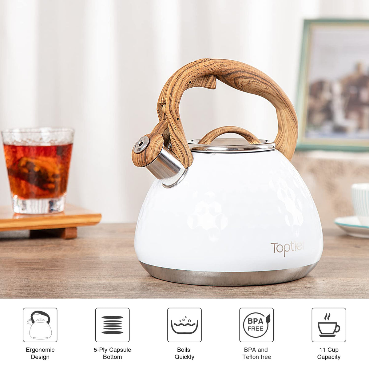 Tea Kettle, Toptier Teapot Whistling Kettle with Wood Pattern Handle Loud Whistle, Food Grade Stainless Steel Tea Pot for Stovetops Induction Water Kettle, 2.7-Quart Butterfly