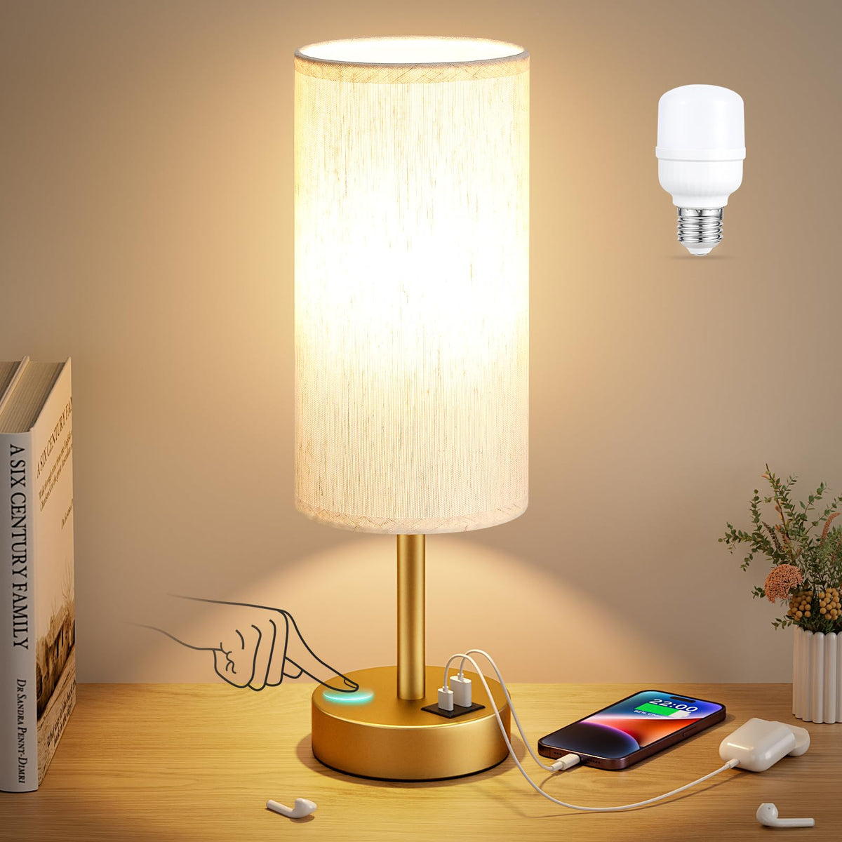 Dicoool Bedside Table Lamp for Bedroom - 3-Way Dimmable Touch Lamp, USB A+C