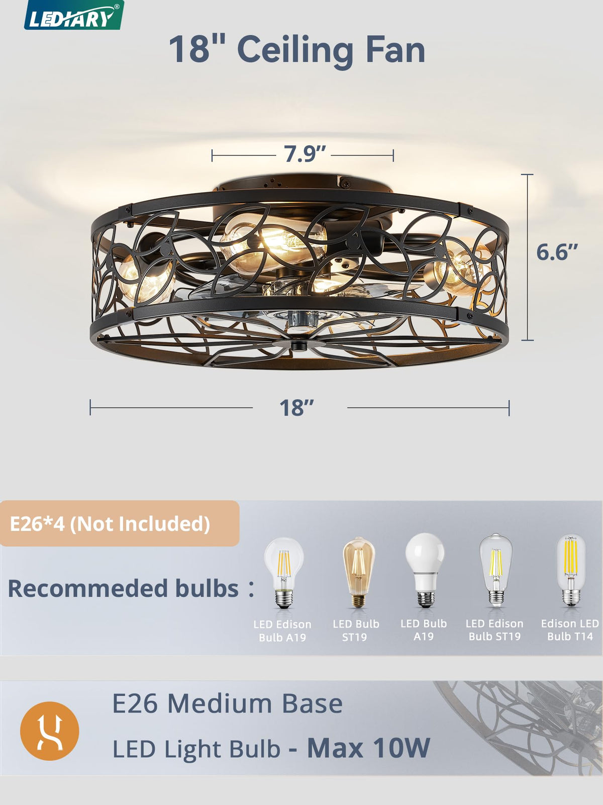 LEDIARY Caged Ceiling Fan with Light, Flush Mount Fandalier with Remote