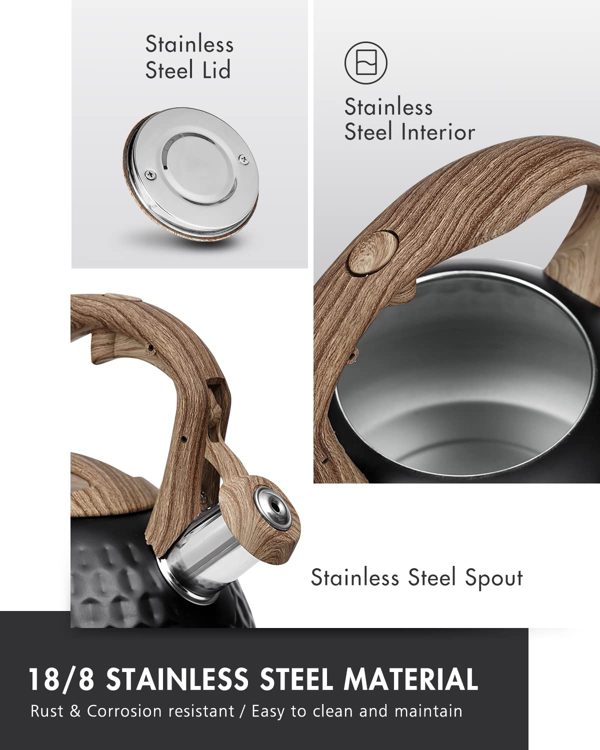 POLIVIAR Tea Kettle, 2.7 Quart Natural Stone Finish with Wood Pattern Handle Loud Whistle Food Grade Stainless Steel Teapot, Anti-Hot Handle and Anti-Rust, Suitable for All Heat Sources (JX2018-GR20)