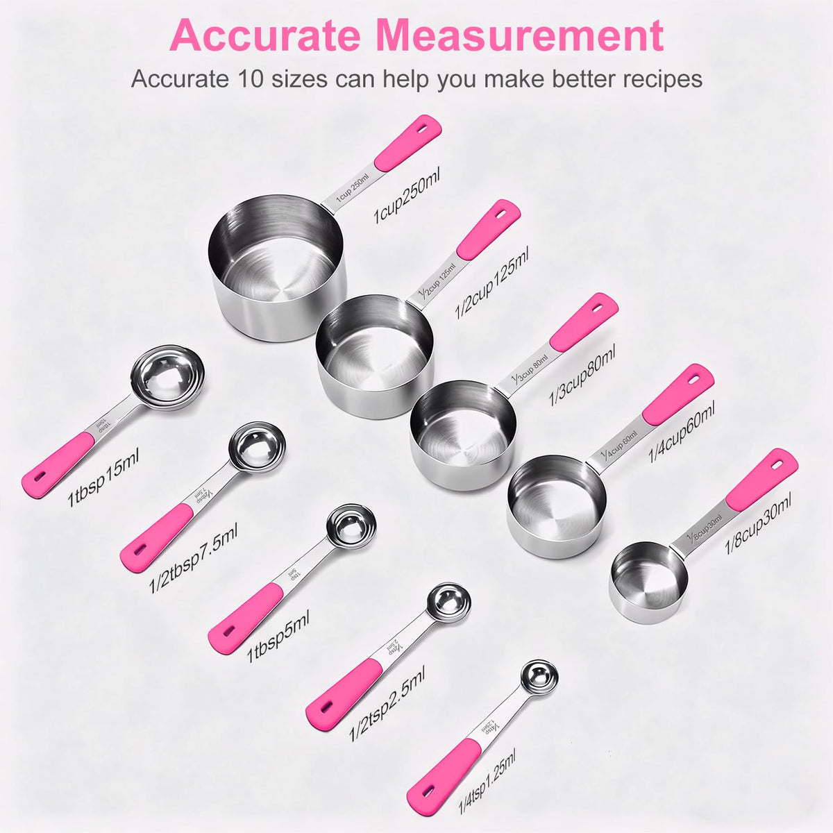 10-Pcs Stainless Steel Measuring Cups & Spoons Set, Colorful Handles