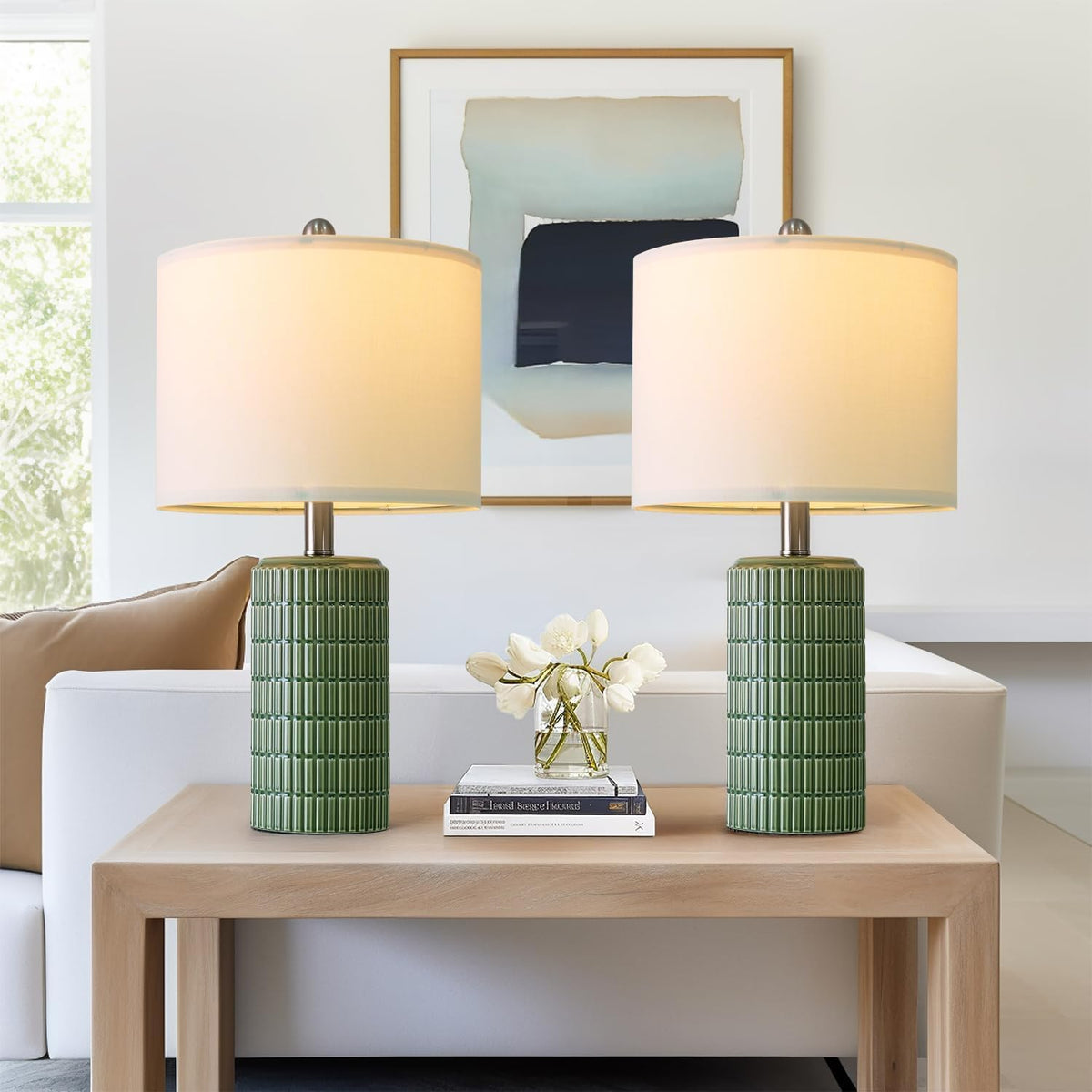 PoKat 20.75" Small Modern Ceramic Table Lamps Set of 2 for Bedroom, White