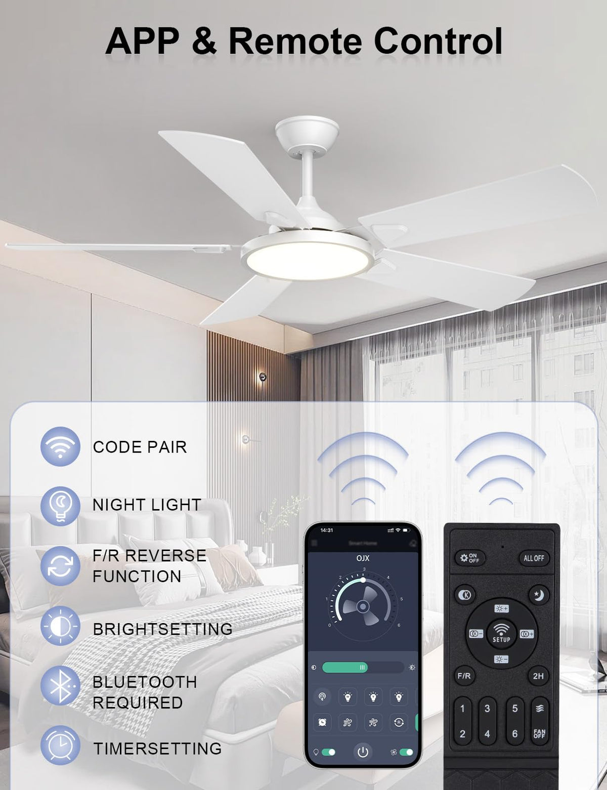 OJX 52 Inch Ceiling Fans with Lights and Remote/APP Control