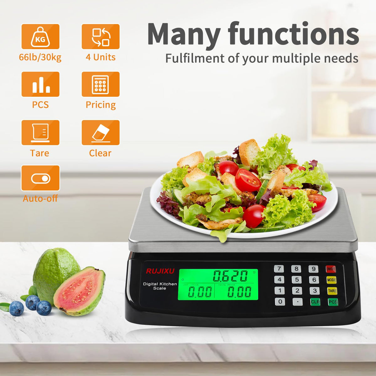 Large Digital Kitchen Scale 30KG Commercial Food Scale 66LB for Baking Bread Meat Stainless Steel Price Computing Scale LCD Display,Prep Counting Scale for Parts and Coins Adapter Included