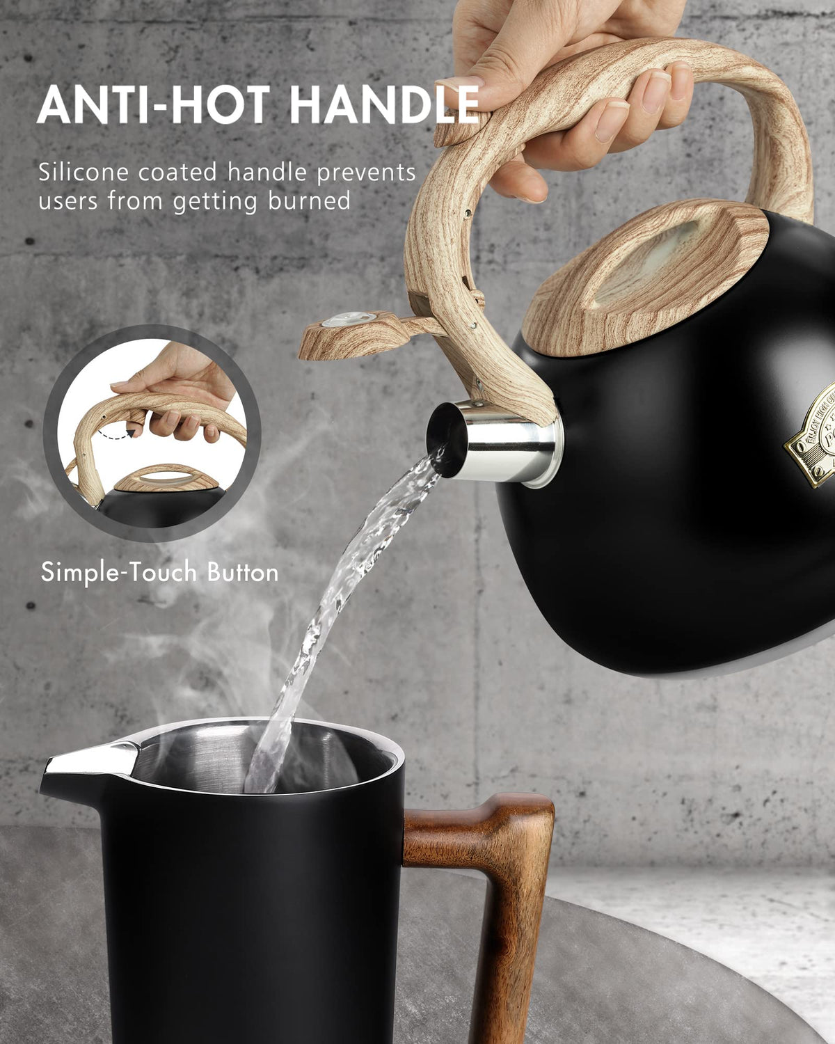 POLIVIAR Tea Kettle, 2.7 Quart Natural Stone Finish with Wood Pattern Handle Loud Whistle Food Grade Stainless Steel Teapot, Anti-Hot Handle and Anti-Rust, Suitable for All Heat Sources (JX2018-GR20)