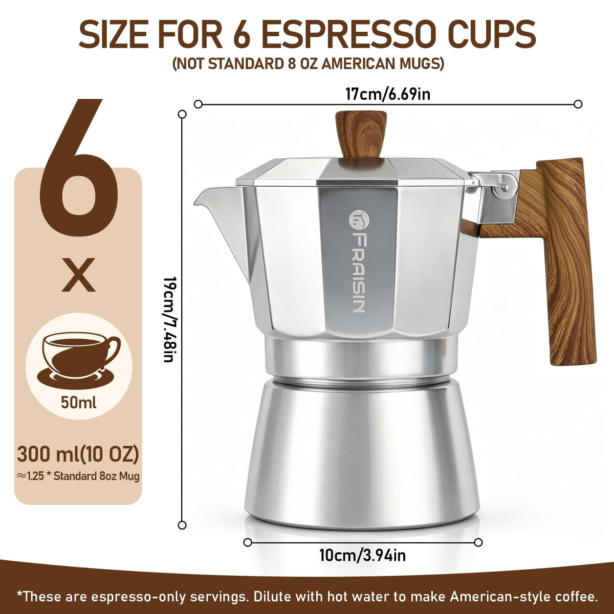 Stovetop Espresso Moka Pot Coffee Maker, Non-slip Wood Grain Handle, Cast Aluminum, Compatible with Gas, and Electric Stoves (Black, 12 cups)