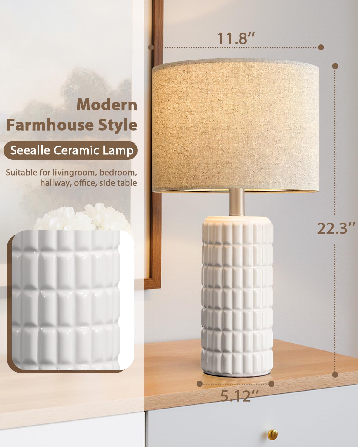 Seealle 23" Modern Ceramic Table Lamps Set of 2, Lamps for Bedroom, White