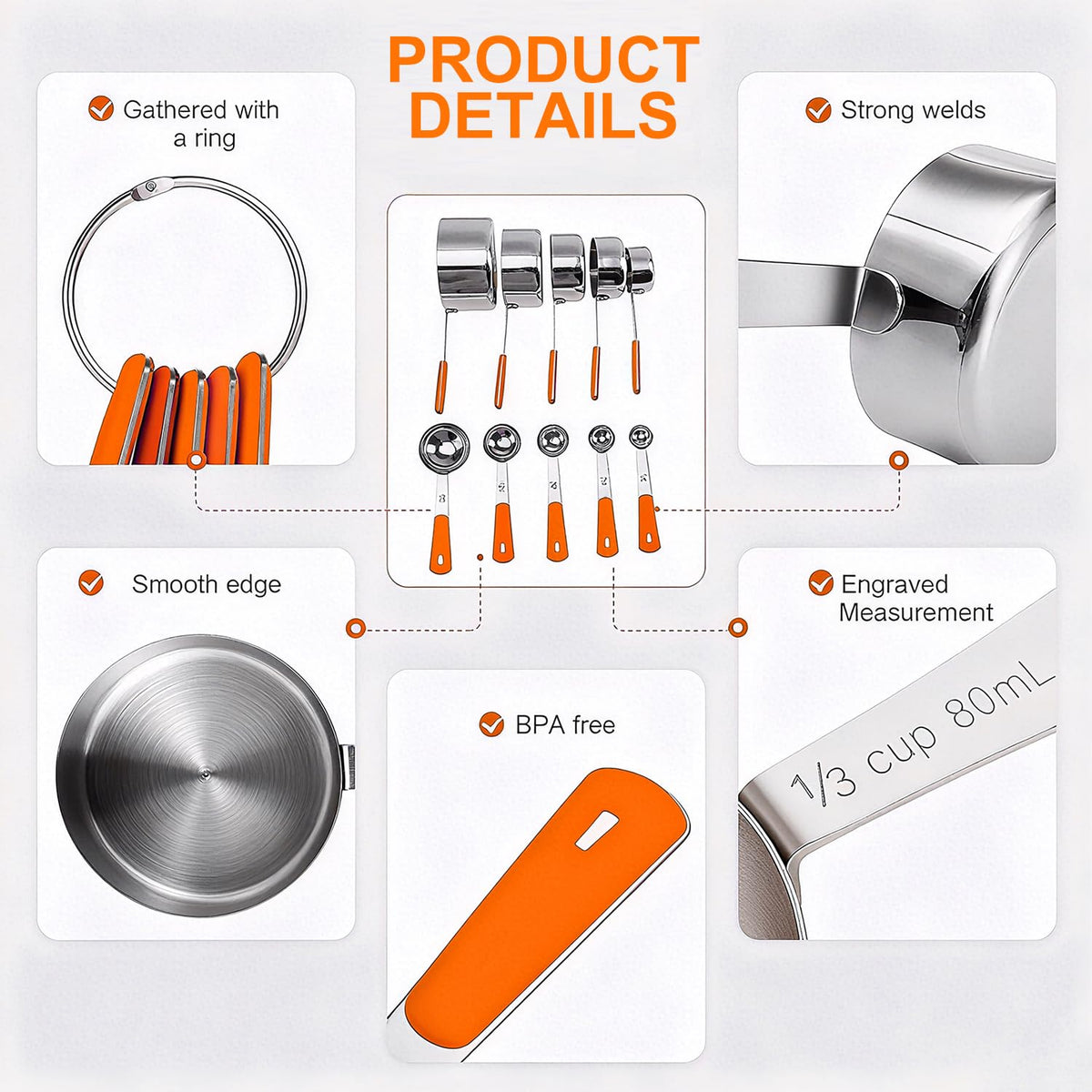 10-Pcs Stainless Steel Measuring Cups & Spoons Set, Colorful Handles