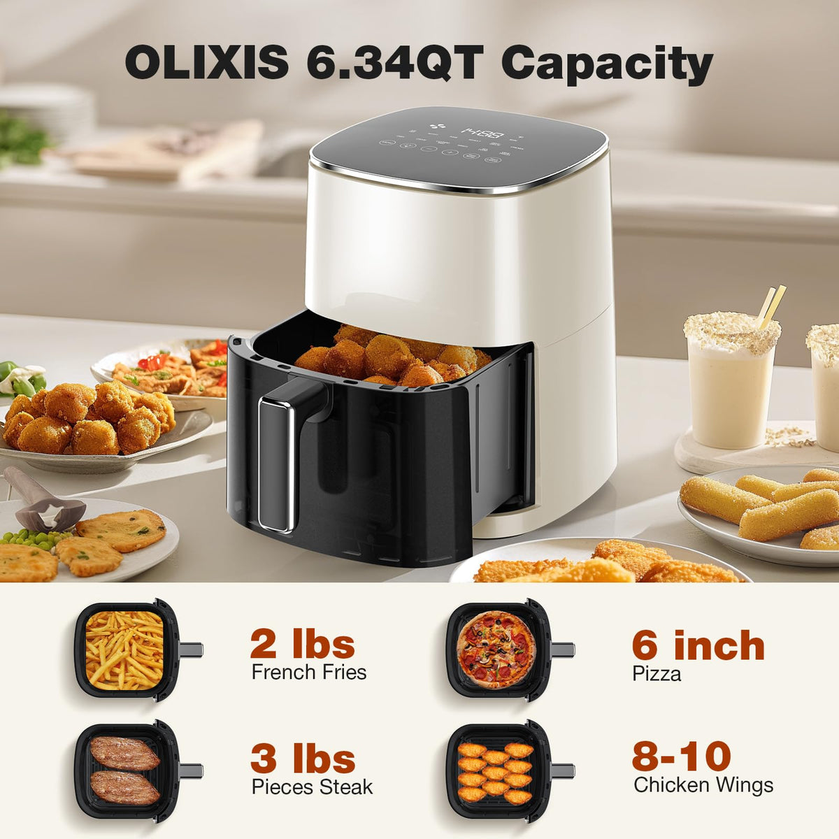 OLIXIS 12-in-1 Air Fryer 6.34 Quarts, Visable Airfryer with Window, 400°F, Roast, Reheat, Dehydrate, Bake, Steam, Fries, Custard, Chicken, Wings, Sea Food, Vegetabels, Grey