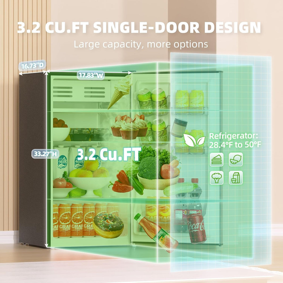 3.2 Cu.Ft Mini Fridge with Freezer, Grey