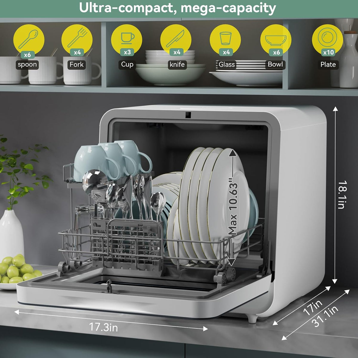 Hermitlux Countertop Dishwasher, 5 Place Settings Portable Dishwashers Mini