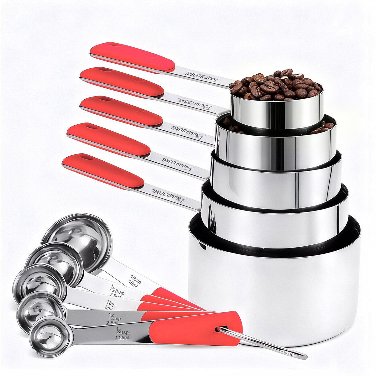 10-Pcs Stainless Steel Measuring Cups & Spoons Set, Colorful Handles