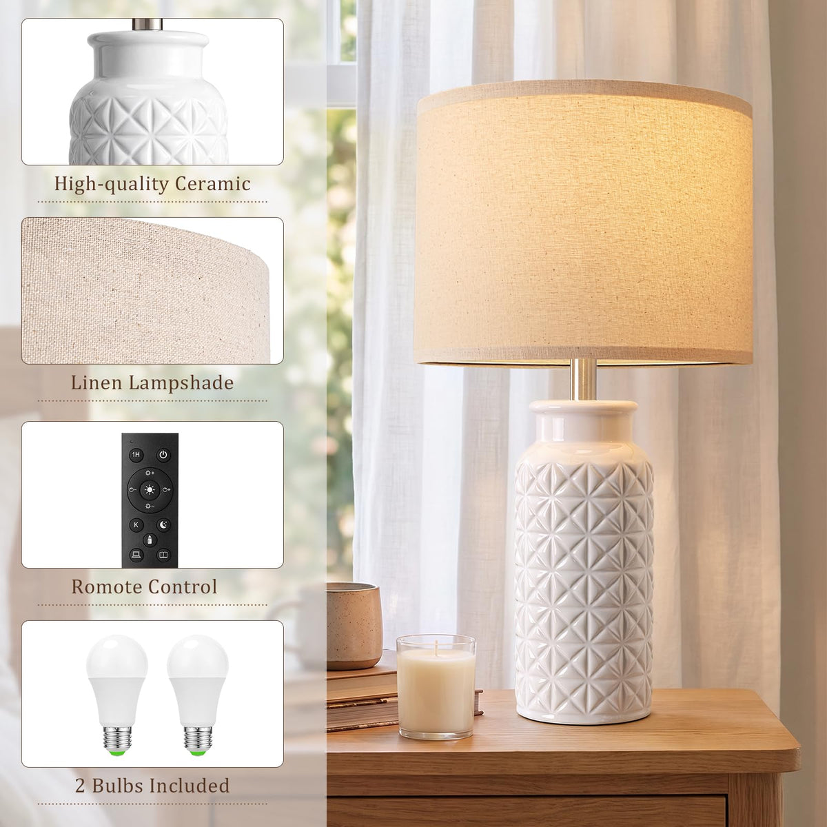 Innqoo 22.6" Modern Ceramic Bedside Lamps Set of 2, Lamps for Bedroom,White