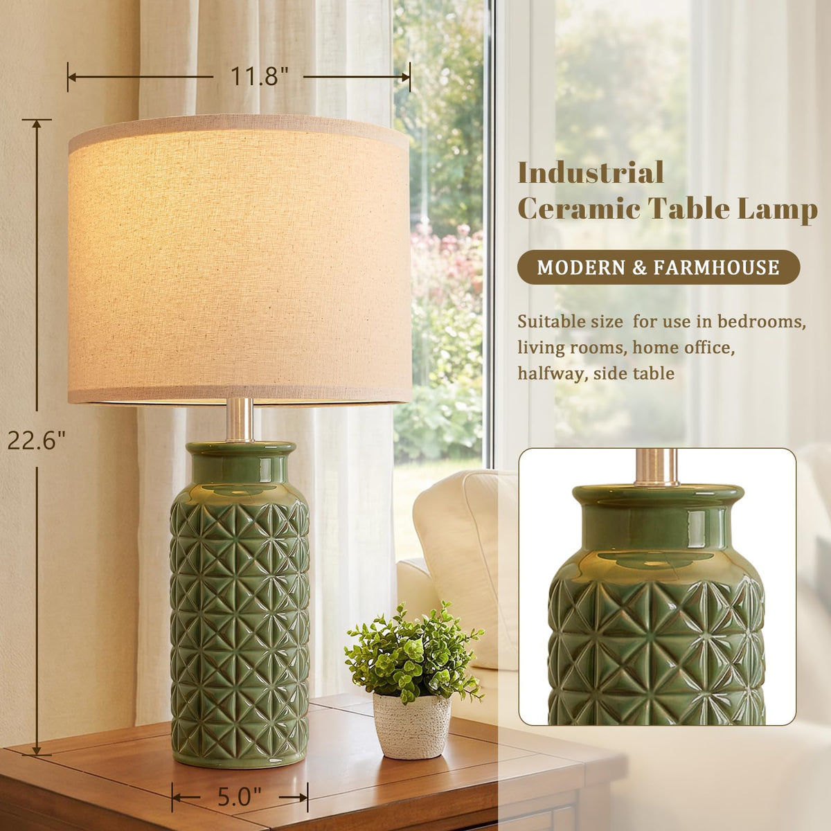 Innqoo 22.6" Modern Ceramic Bedside Lamps Set of 2, Lamps for Bedroom,White