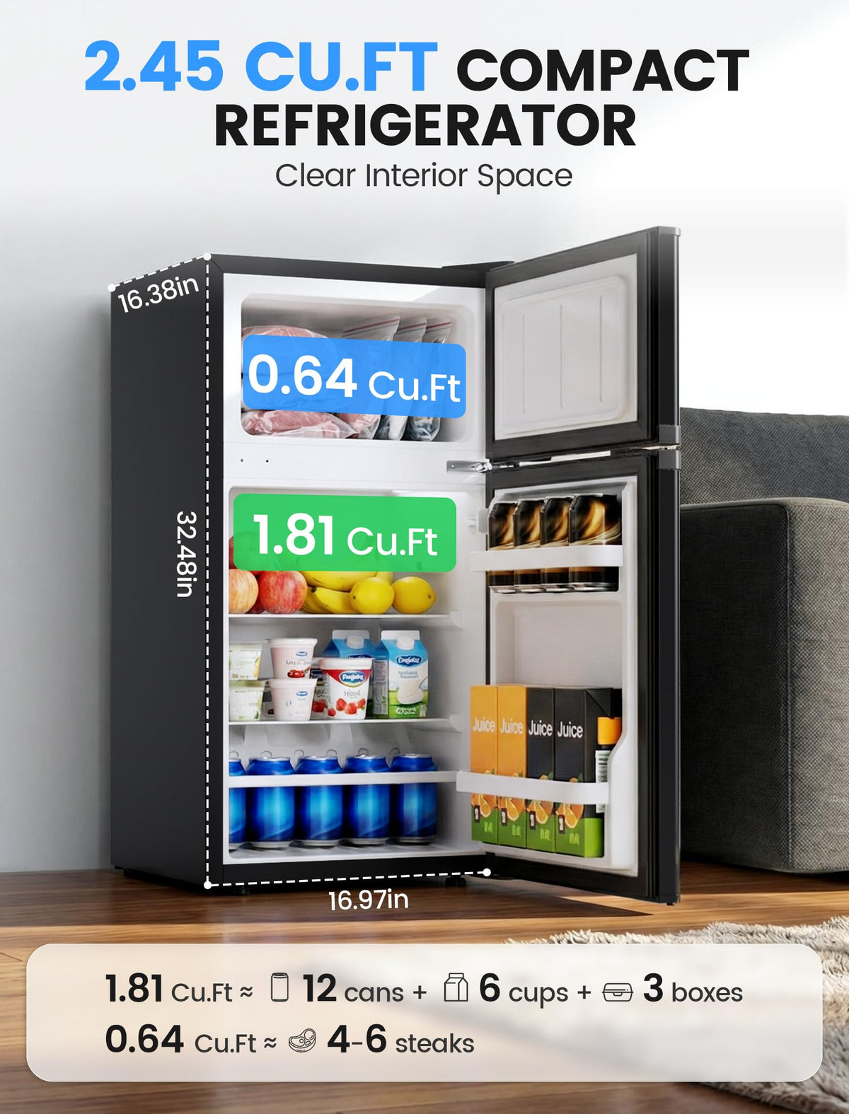 COWSAR 4.5 Cu.Ft Mini Fridge With Freezer for Bedroom Office, Black