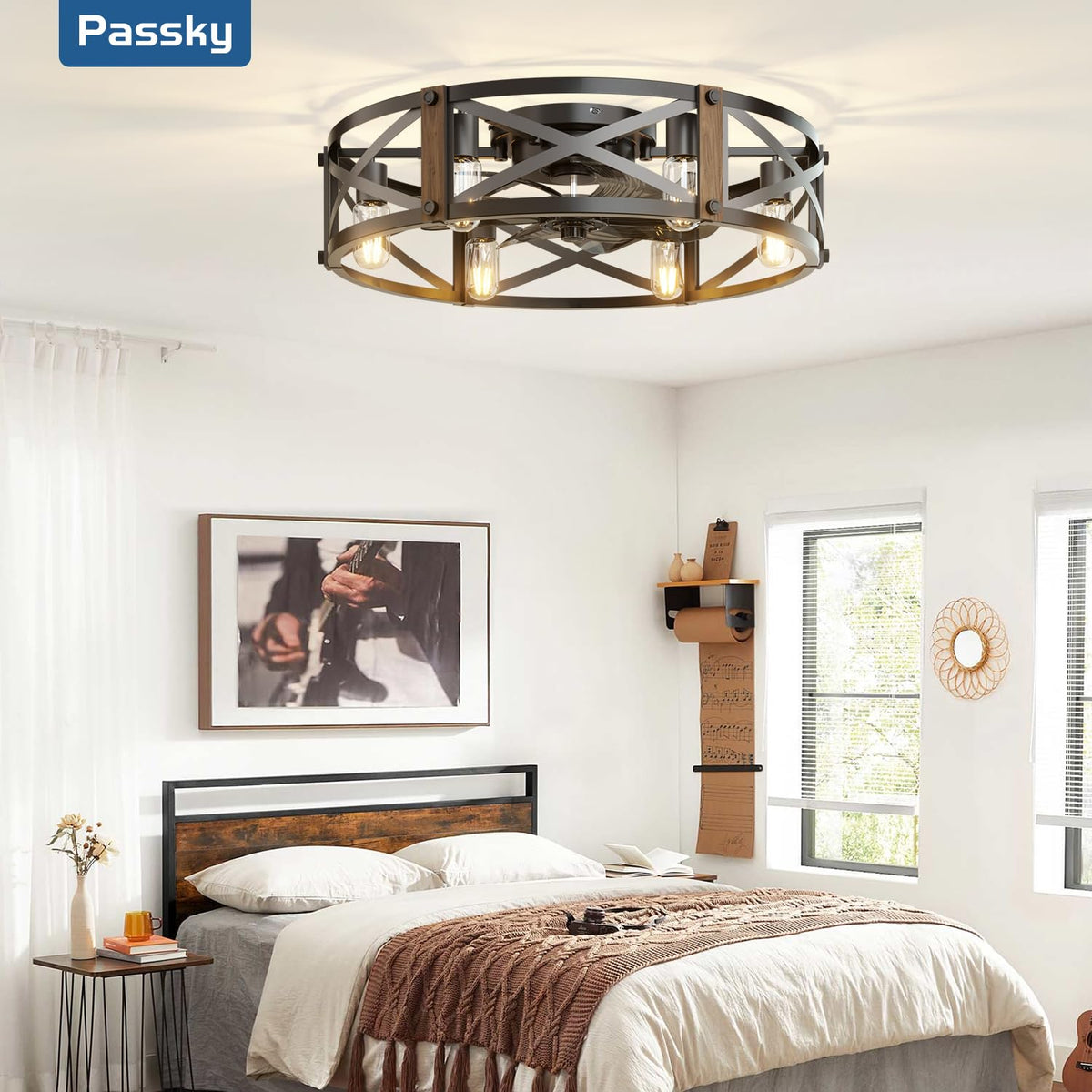 Passky 20" Caged Ceiling Fans with Lights and Remote, Low Profile Fandelier