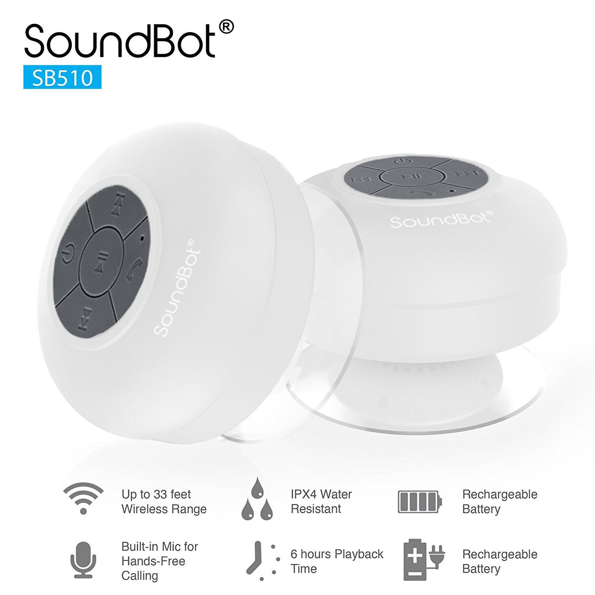 Soundbot® Waterproof Shower Speaker HD Water Resistant Bluetooth Handsfree Portable with Loud Clear Sounds 6+hrs of Playtime, Wireless Suction Cup Small Durable for Outdoors Travel Home SB510 (Black)