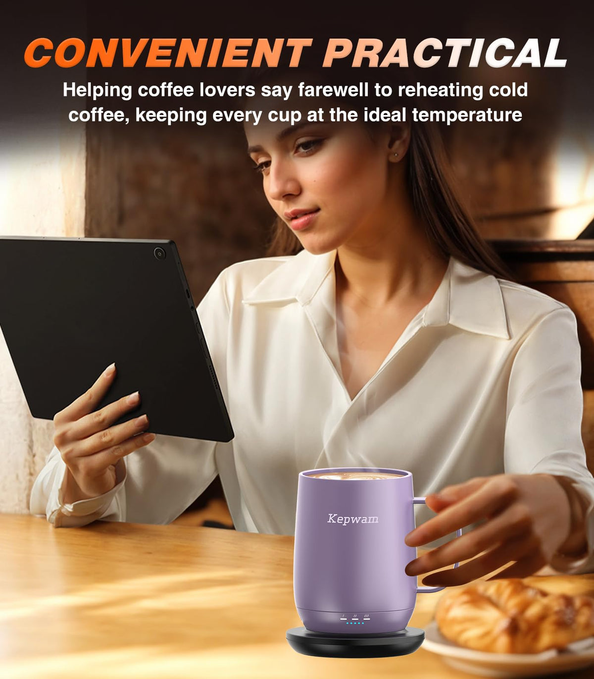 Kepwam Self-Heating Coffee Mug T2, 16oz Electric Heated Mug Hot Up to 149℉