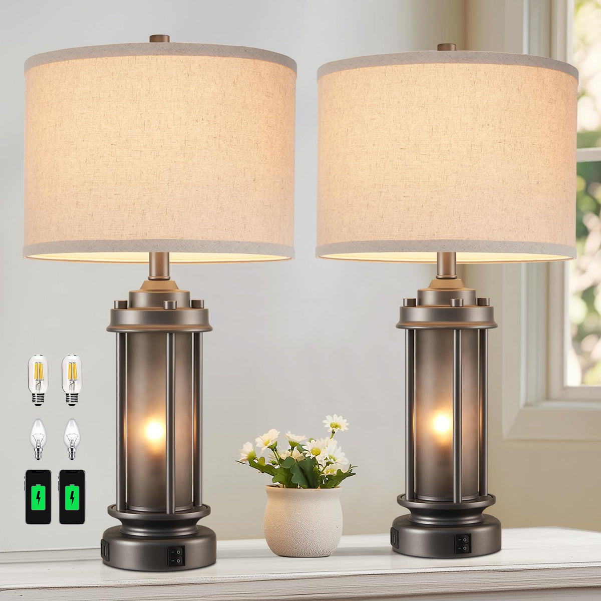 AIEAMPDO 25'' Set of 2 Farmhouse Table Lamps for Living Room with USB C+A