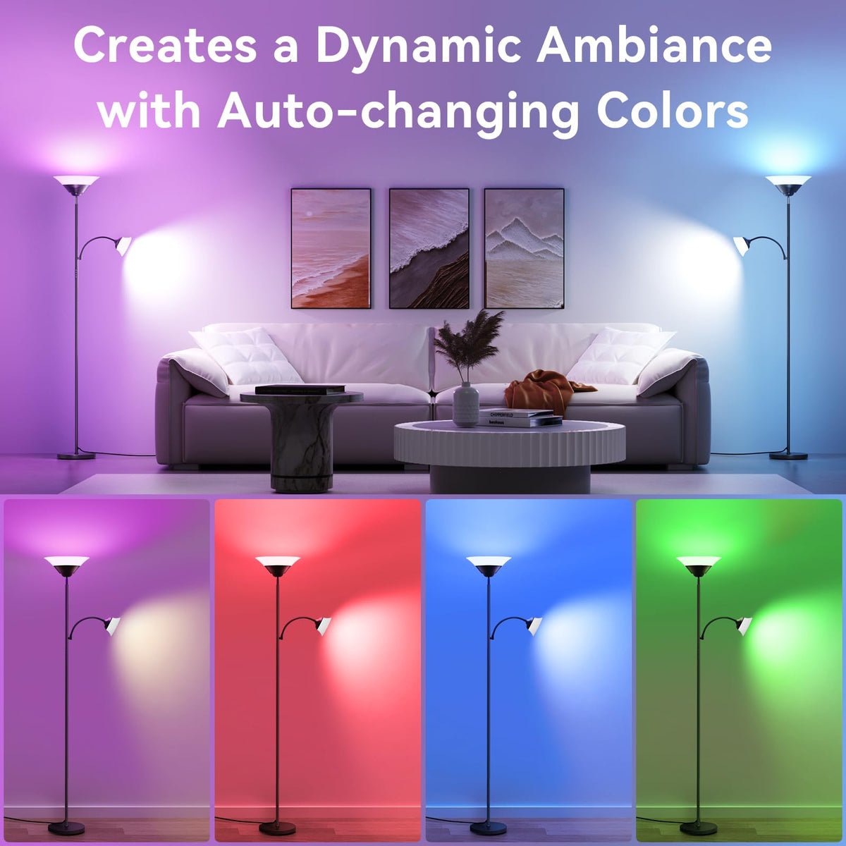 SIBRILLE 2-in-1 Torchiere Floor Lamp, 34W Super Bright LED Standing Lamp with Remote & Touch Control, 72" Dimmable Adjustable Corner Reading Lamp for Living Room, Bedroom, Office, Black