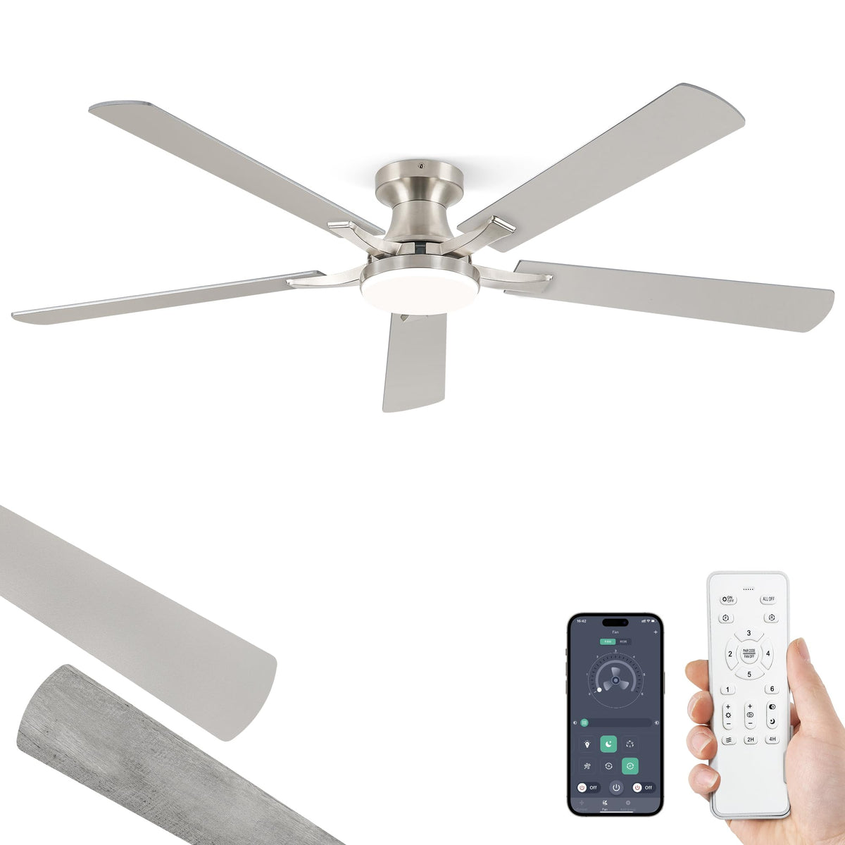 ZMISHIBO 52 Inch Ceiling Fans with Lights, Remote&App Control, Flush Mount