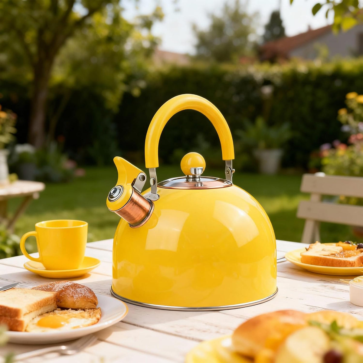2.6 Quart Yellow Whistling Tea Kettle, Multiple Color Available, Stainless Steel Stovetop Teapot with Cool-Touch Handle, Loud Whistle, Induction Compatible for Gas, Electric & Glass Cooktops