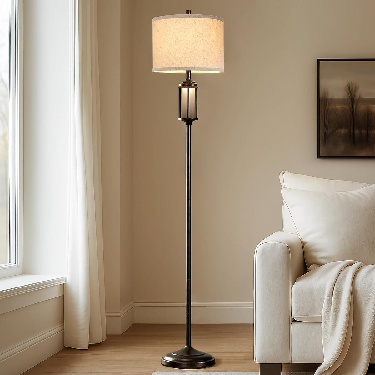 New - Same Matching Floor Lamp - 65'' Floor Lamp + 25'' Table Lamp, Farmhouse Nightstand Lamp with Frosted Glass Nightlight Linen Fabric Shade for Living Room, Bedroom, Entryway Office, Bulb Included
