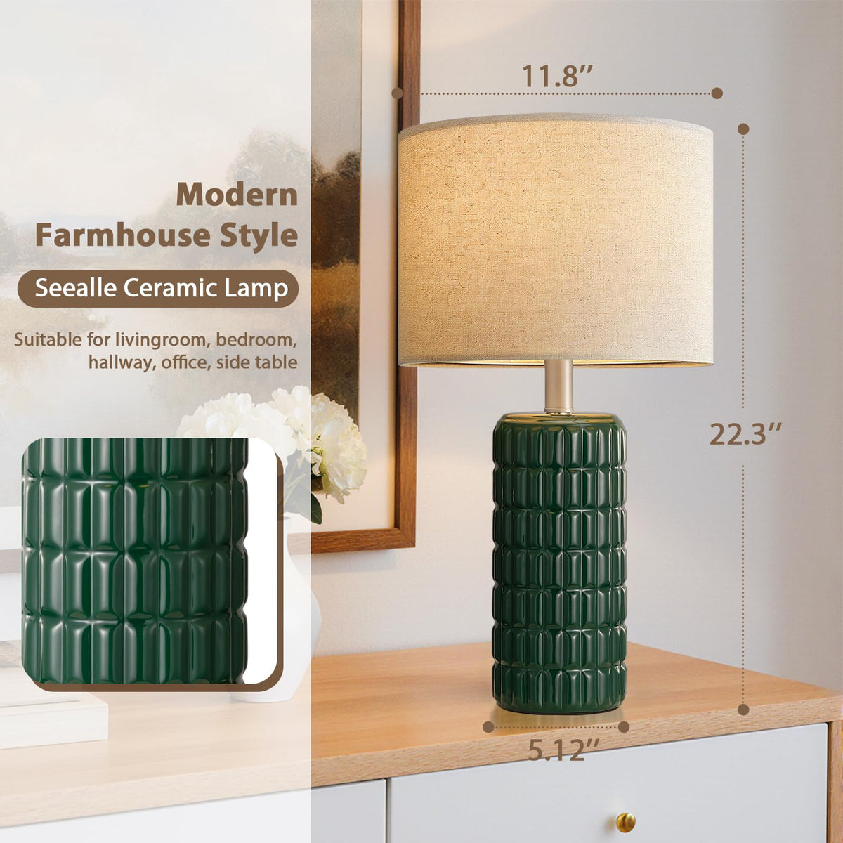 Seealle 23" Modern Ceramic Table Lamps Set of 2, Lamps for Bedroom, White