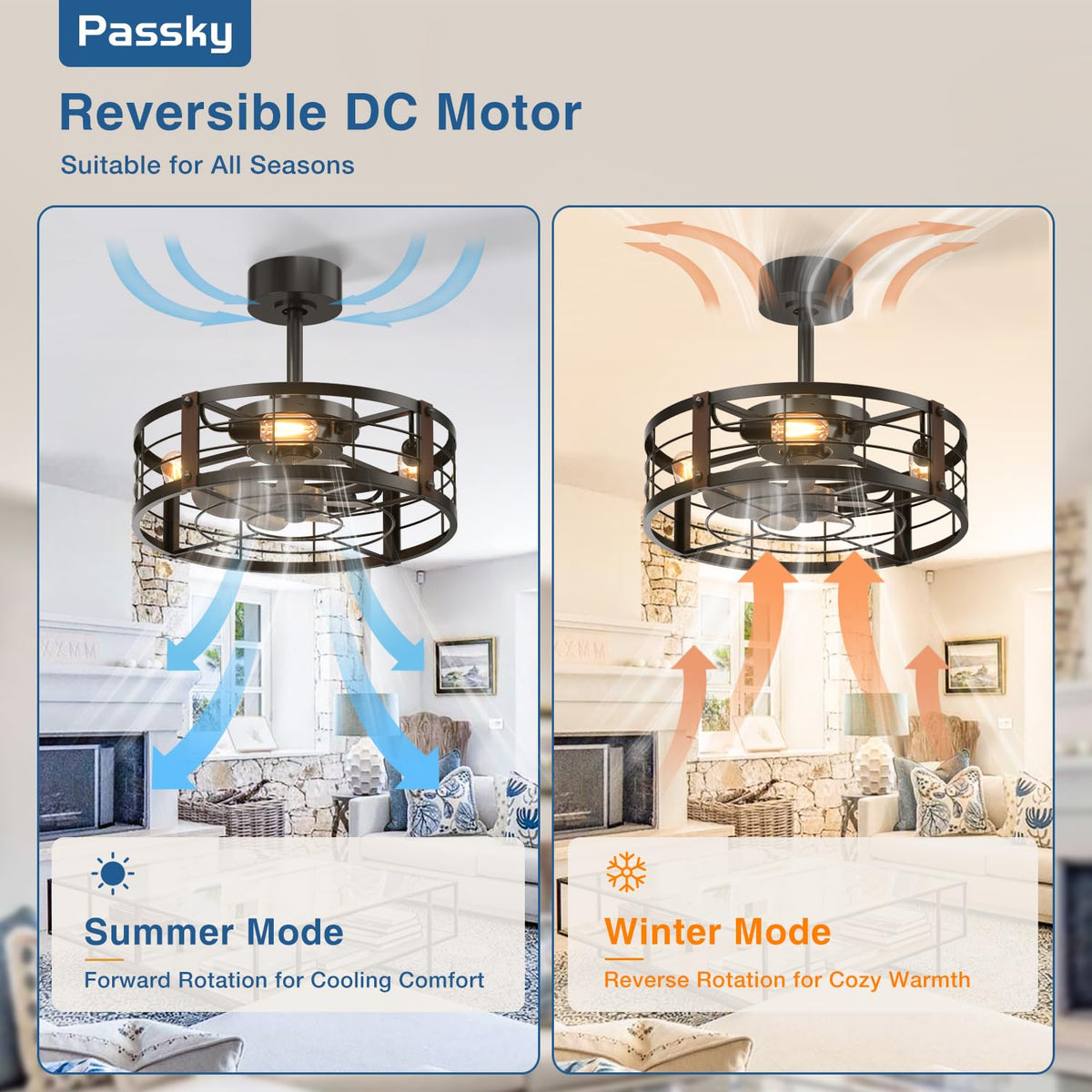 Passky 20" Caged Ceiling Fans with Lights and Remote, Low Profile Fandelier