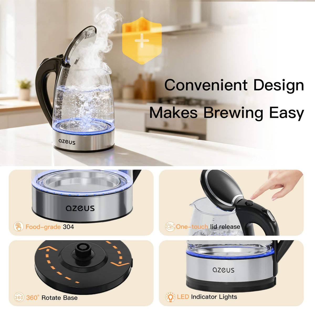 Azeus 1.8L Electric Kettle CX-817 - Fast Boil, Auto Shut-Off, Boil-Dry Protection, 360° Swivel Base - Stainless Steel Water Boiler for Tea, Coffee, and Hot Water