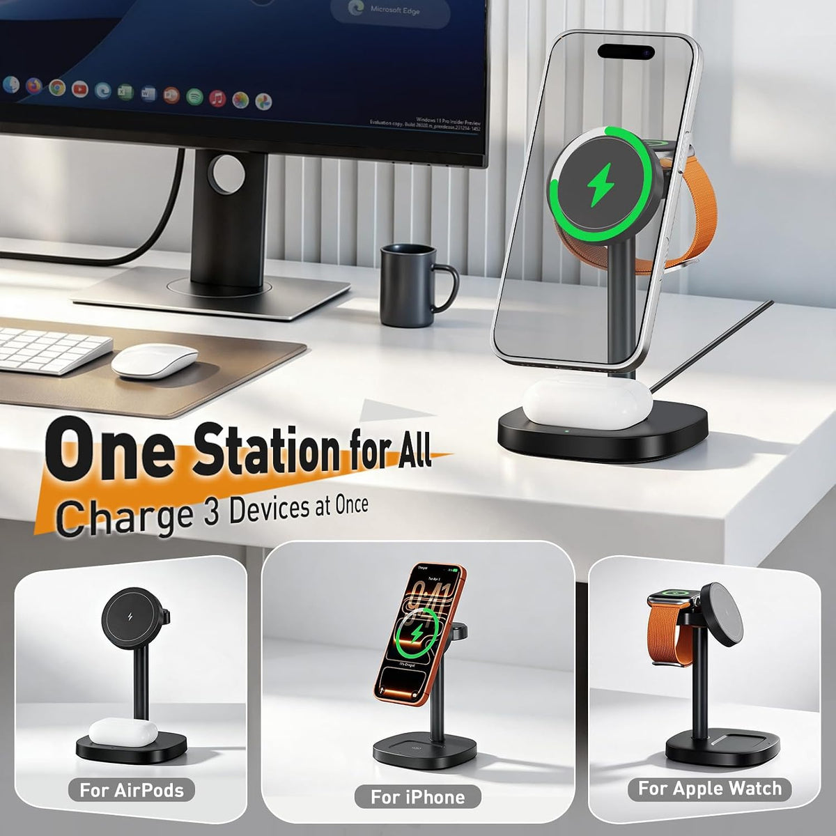 3 in 1 Fast Charging Station, 15W Magnetic Wireless Charger Stand
