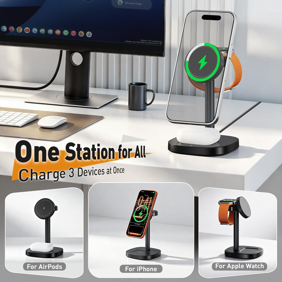 3 in 1 Fast Charging Station, 15W Magnetic Wireless Charger Stand