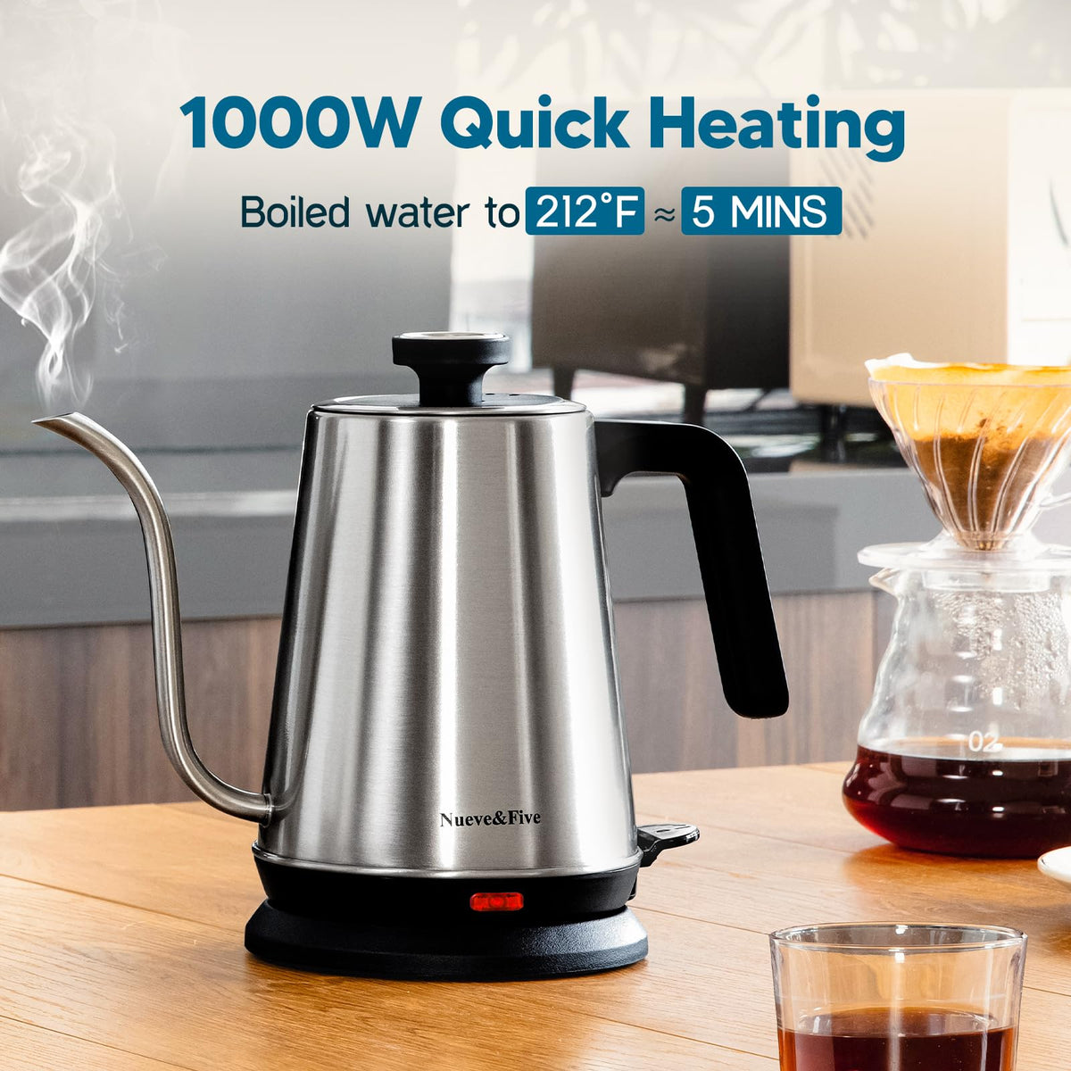 Nueve&Five Electric Gooseneck Kettle with Thermometer, 1.0L Pour Over Hot Water Kettle for Coffee and Tea, 1000W, Auto Shutoff, Boil-Dry Protection, Matte Black