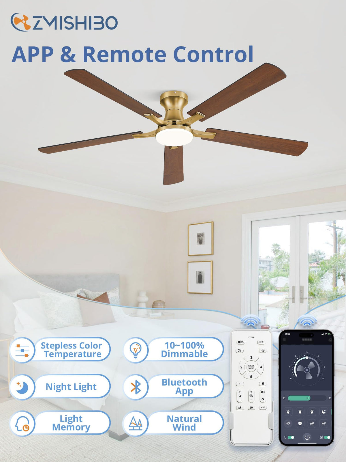 ZMISHIBO 52 Inch Ceiling Fans with Lights, Remote&App Control, Flush Mount