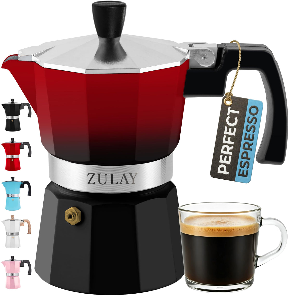 Zulay Moka Pot Espresso Stovetop Coffee Maker - Leak-Proof, Stainless Steel, Easy to Clean, Heat Resistant Handle & Knob - for Authentic Cuban & Italian Style Espresso - Makes 6 Espresso Cups - Red