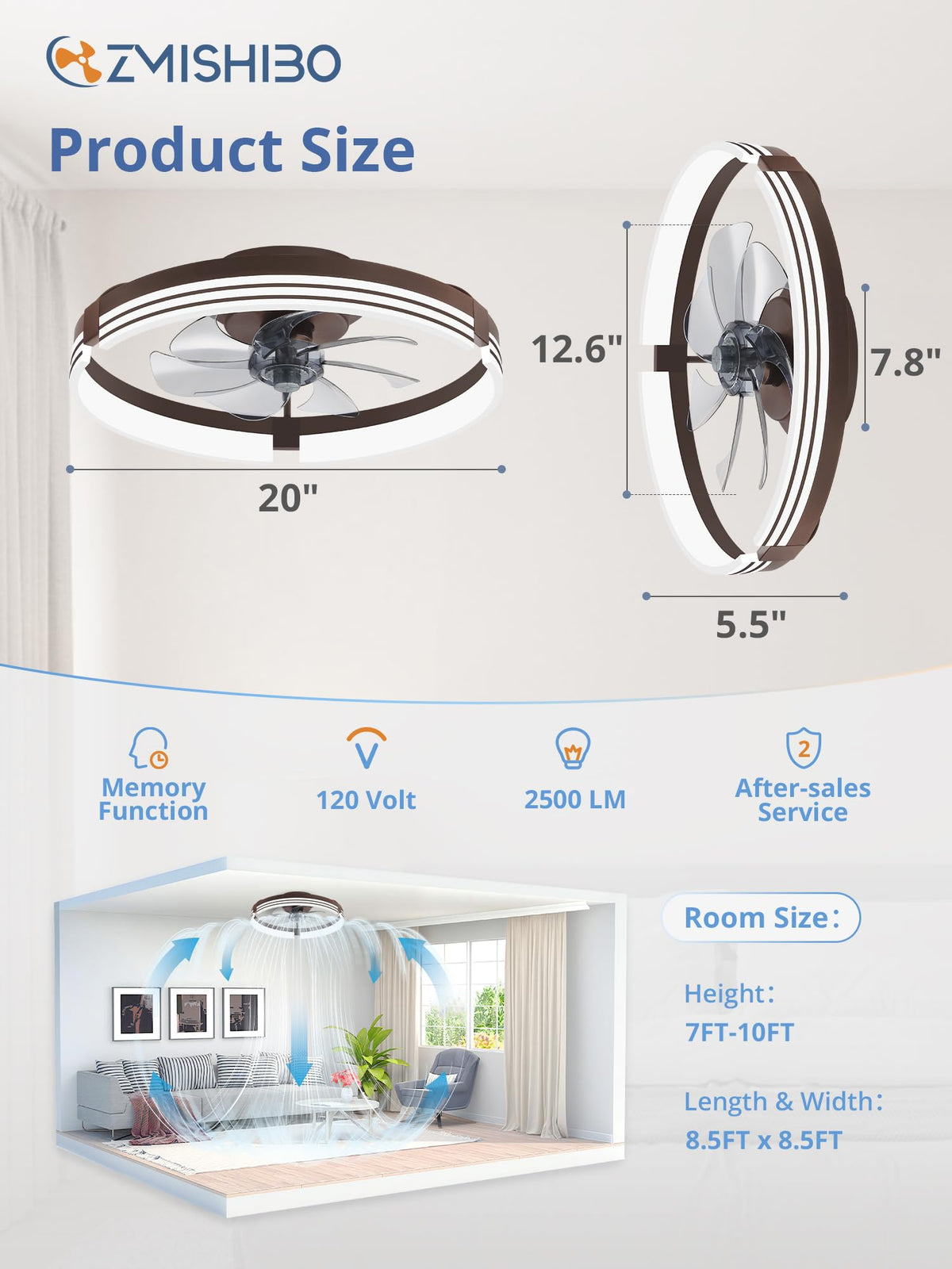 ZMISHIBO Low Profile Ceiling Fans with Lights and Remote, 20" Black