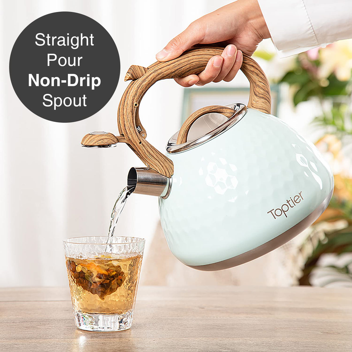 Tea Kettle, Toptier Teapot Whistling Kettle with Wood Pattern Handle Loud Whistle, Food Grade Stainless Steel Tea Pot for Stovetops Induction Water Kettle, 2.7-Quart Butterfly