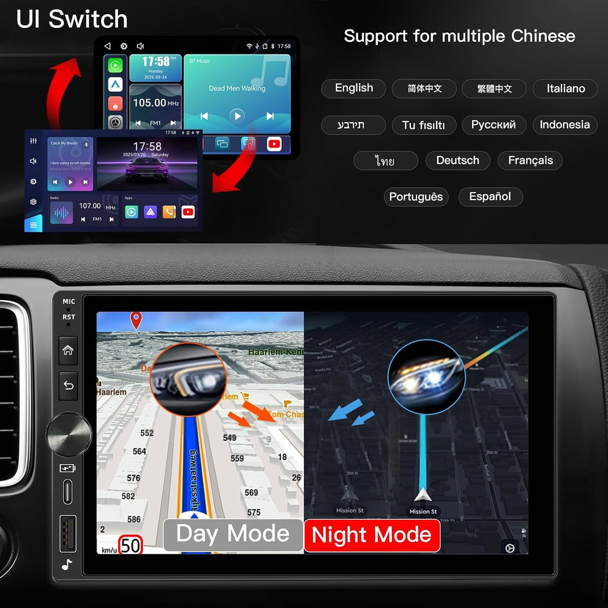 7" Double Din Car Stereo, Wireless CarPlay & Android Auto