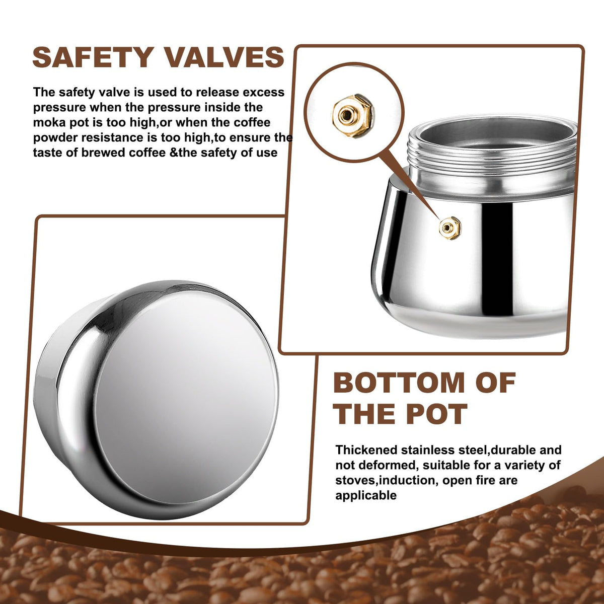 6 Cup Stovetop Espresso Maker Stainless Steel Moka Pot Stove Top Percolator Italian Coffee Makers Capable Mocha Greca Machine Cafe Classic Induction Cookers for Home and Camping 300ml 10oz