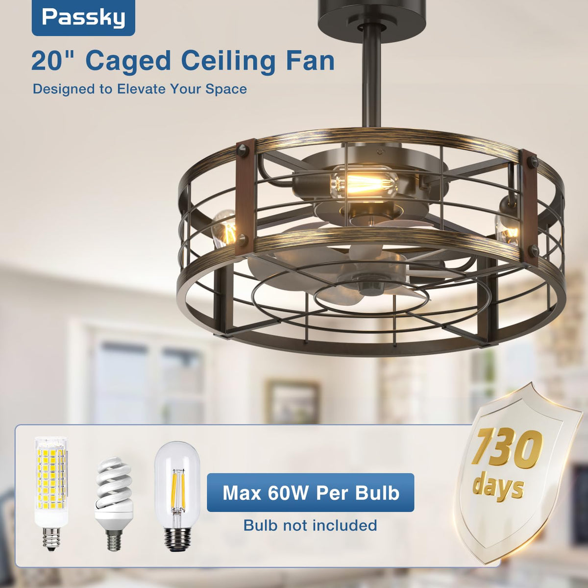 Passky 20" Caged Ceiling Fans with Lights and Remote, Low Profile Fandelier