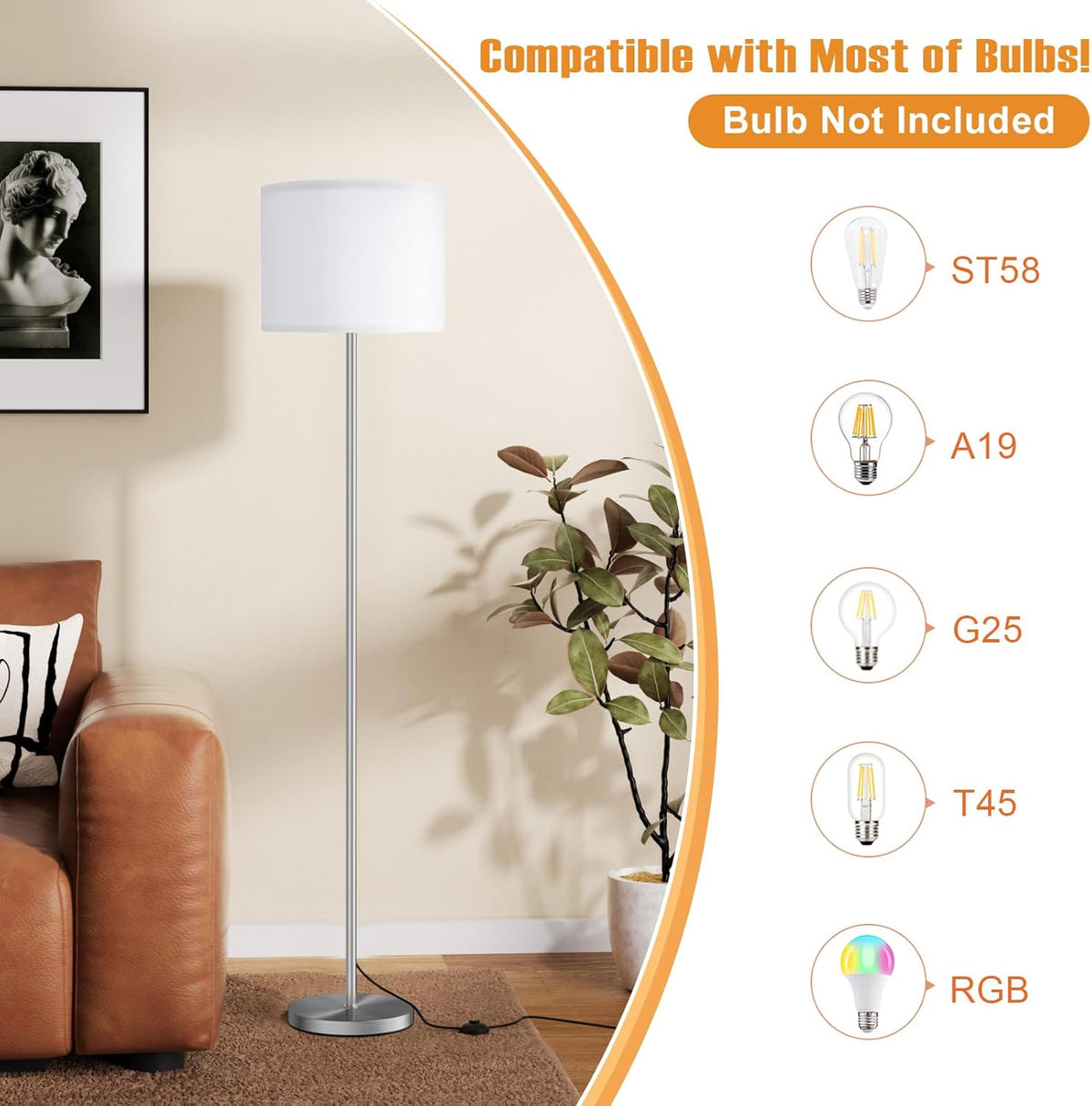 Modern Floor Lamp Simple Design with White Shade & Foot Pedal Switch