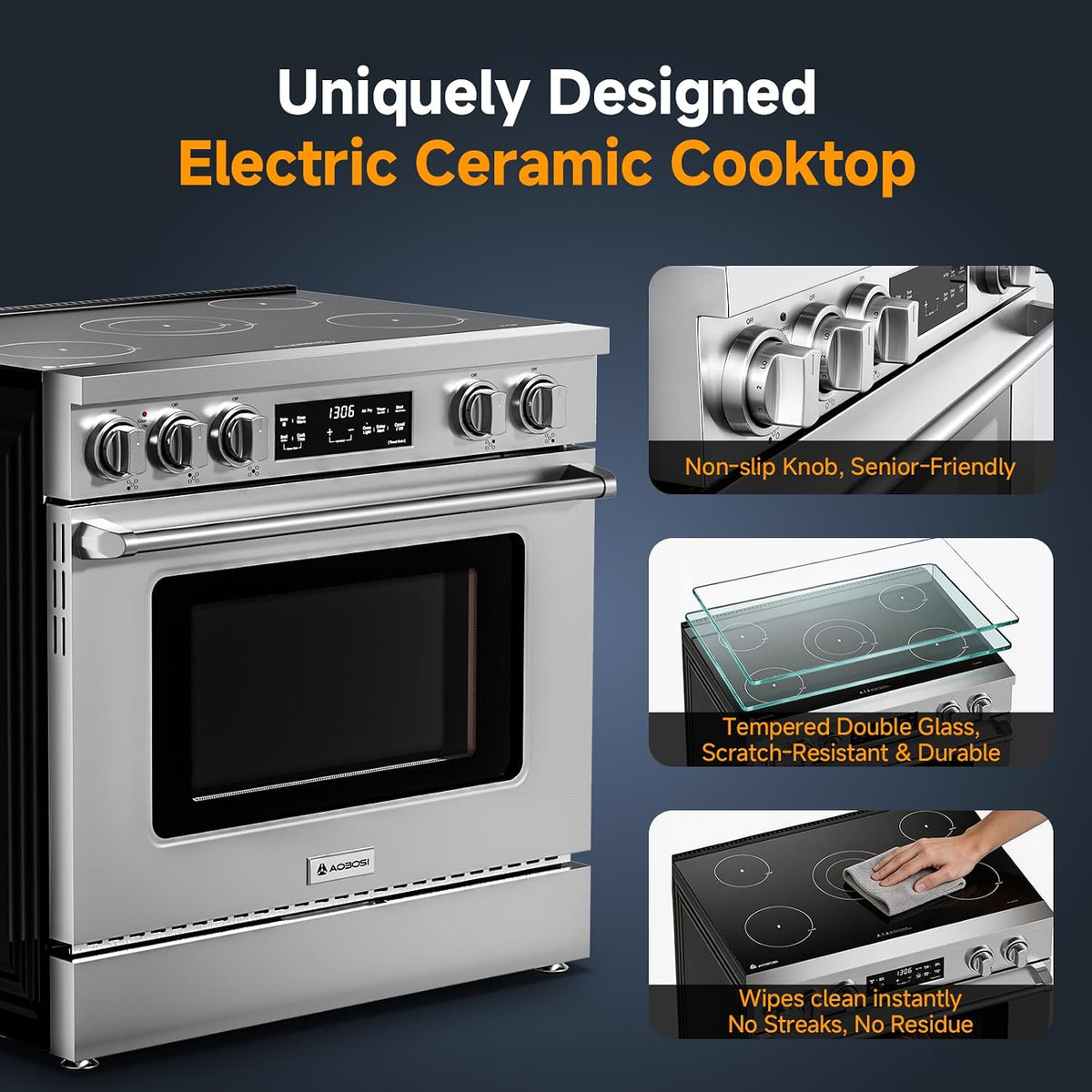 AAOBOSI 36 Inch 6 Cu.Ft Front Control Electric Range Oven with 5 Cooktop Elements,9 Cooking Power Level 9300W, Smrt Control Air Fryer Convection Self Clean Freestanding Oven,240V(No Powercord)