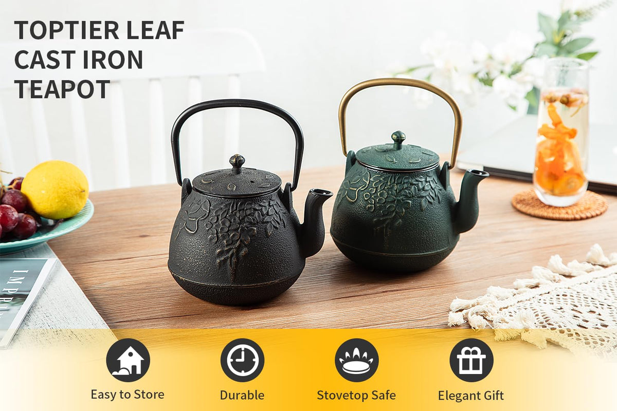 TOPTIER Japanese Teapot with Stainless Steel Infuser, Cast Iron Tea Kettle Stovetop Safe, Leaf Design Coated with Enameled Interior for 32 Ounce (950 ml), Light Green