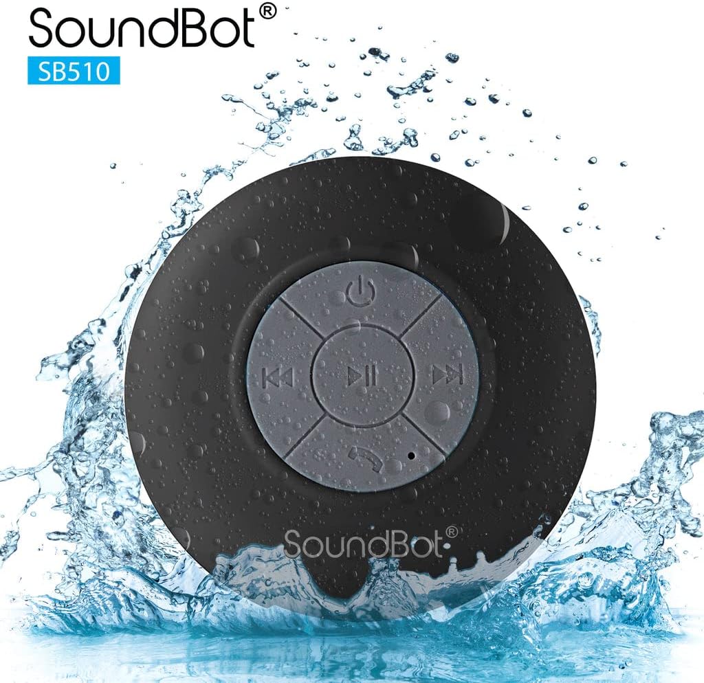 Soundbot® Waterproof Shower Speaker HD Water Resistant Bluetooth Handsfree Portable with Loud Clear Sounds 6+hrs of Playtime, Wireless Suction Cup Small Durable for Outdoors Travel Home SB510 (Black)