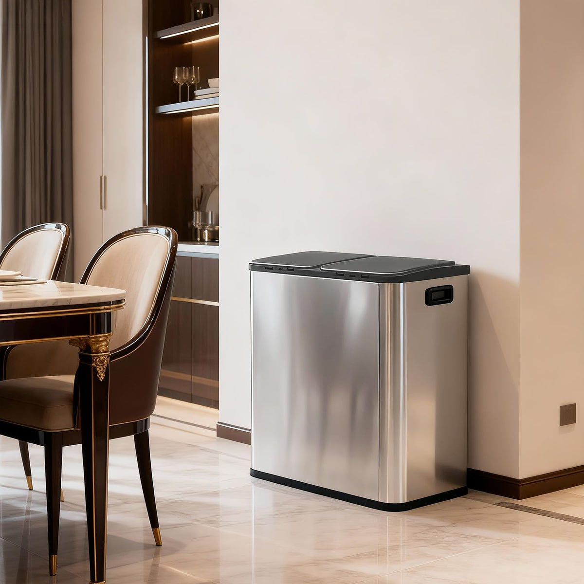 NEWBULIG 16 Gallon Dual Compartment Kitchen Trash Can, Stainless Steel, 60L