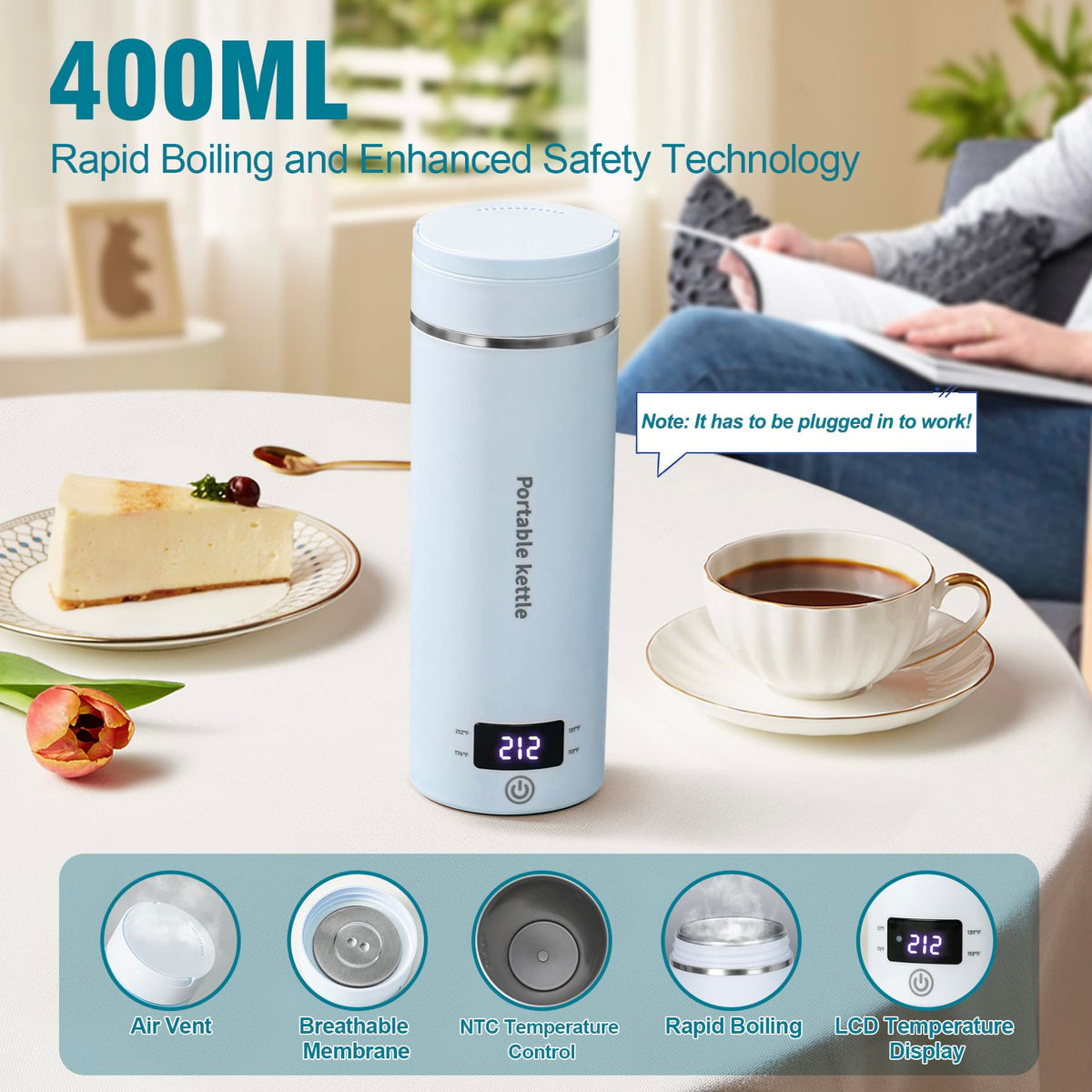 Portable Electric Kettle for Travel 120V, 13.5oz, 4 Temp Settings