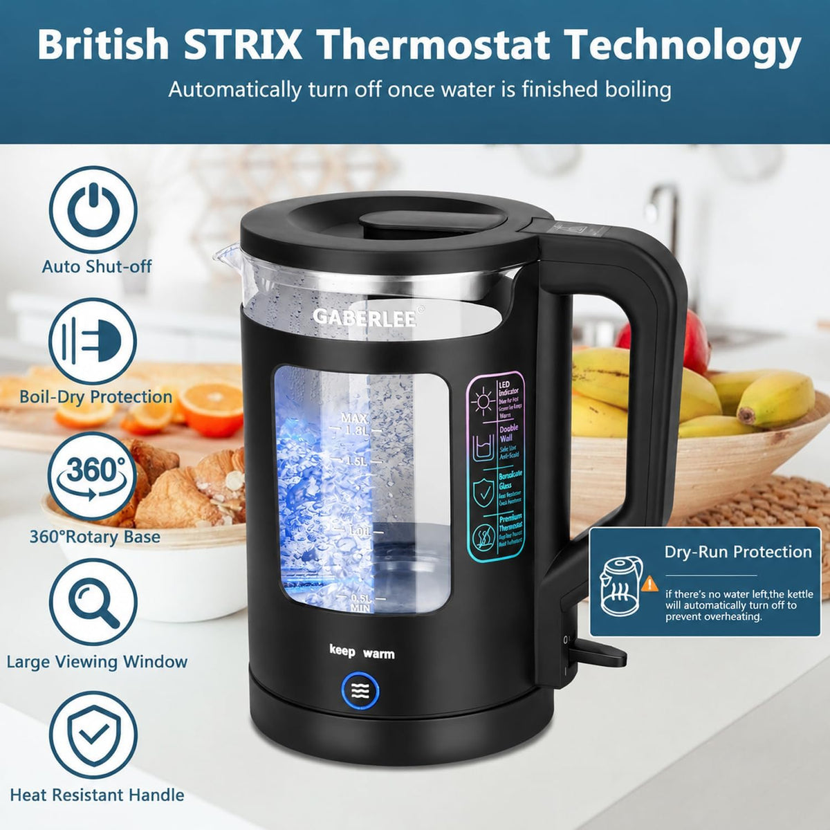 Electric Kettle, 1.8L Glass Tea Kettle with Keep Warm Function