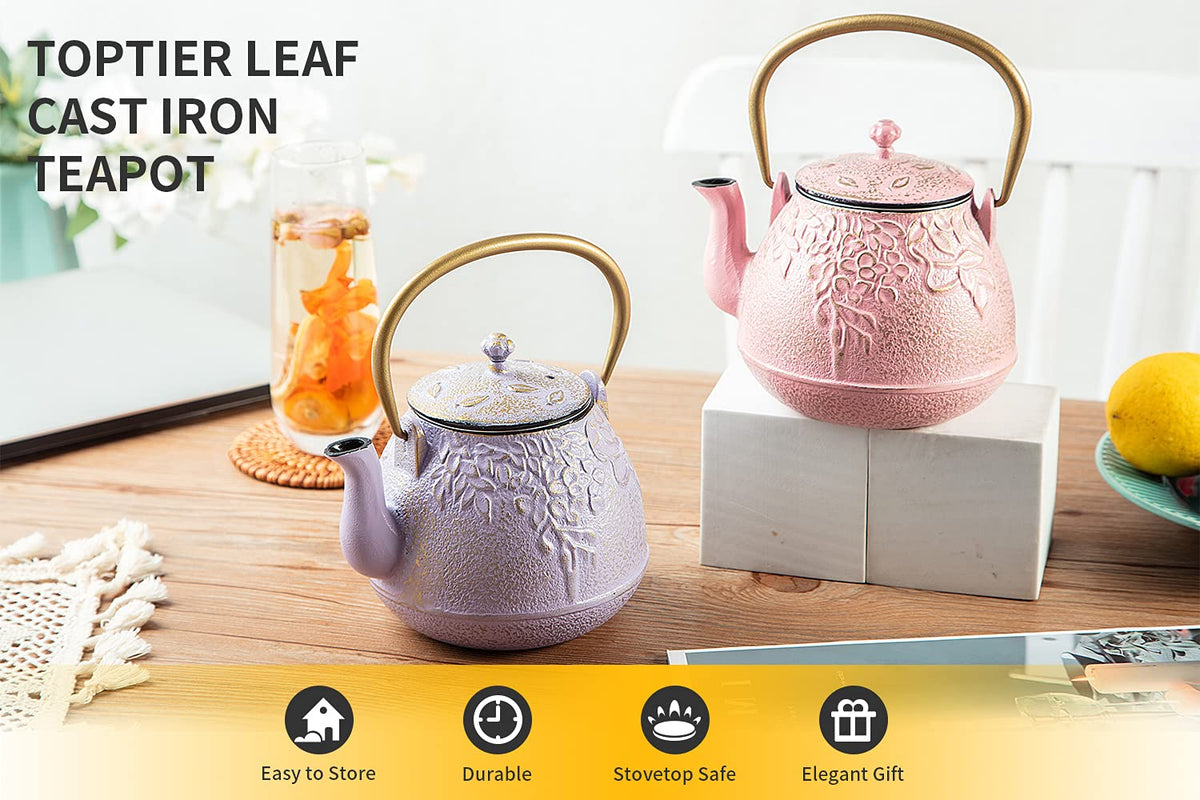 TOPTIER Japanese Teapot with Stainless Steel Infuser, Cast Iron Tea Kettle Stovetop Safe, Leaf Design Coated with Enameled Interior for 32 Ounce (950 ml), Light Green