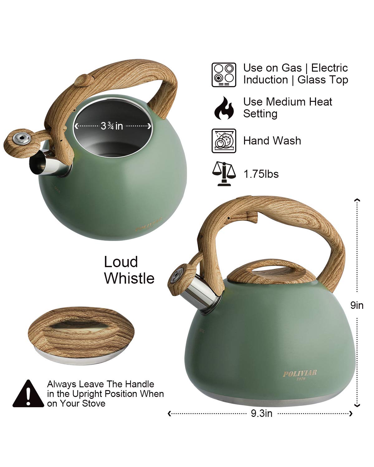 POLIVIAR Tea Kettle, 2.7 Quart Natural Stone Finish with Wood Pattern Handle Loud Whistle Food Grade Stainless Steel Teapot, Anti-Hot Handle and Anti-Rust, Suitable for All Heat Sources (JX2018-GR20)